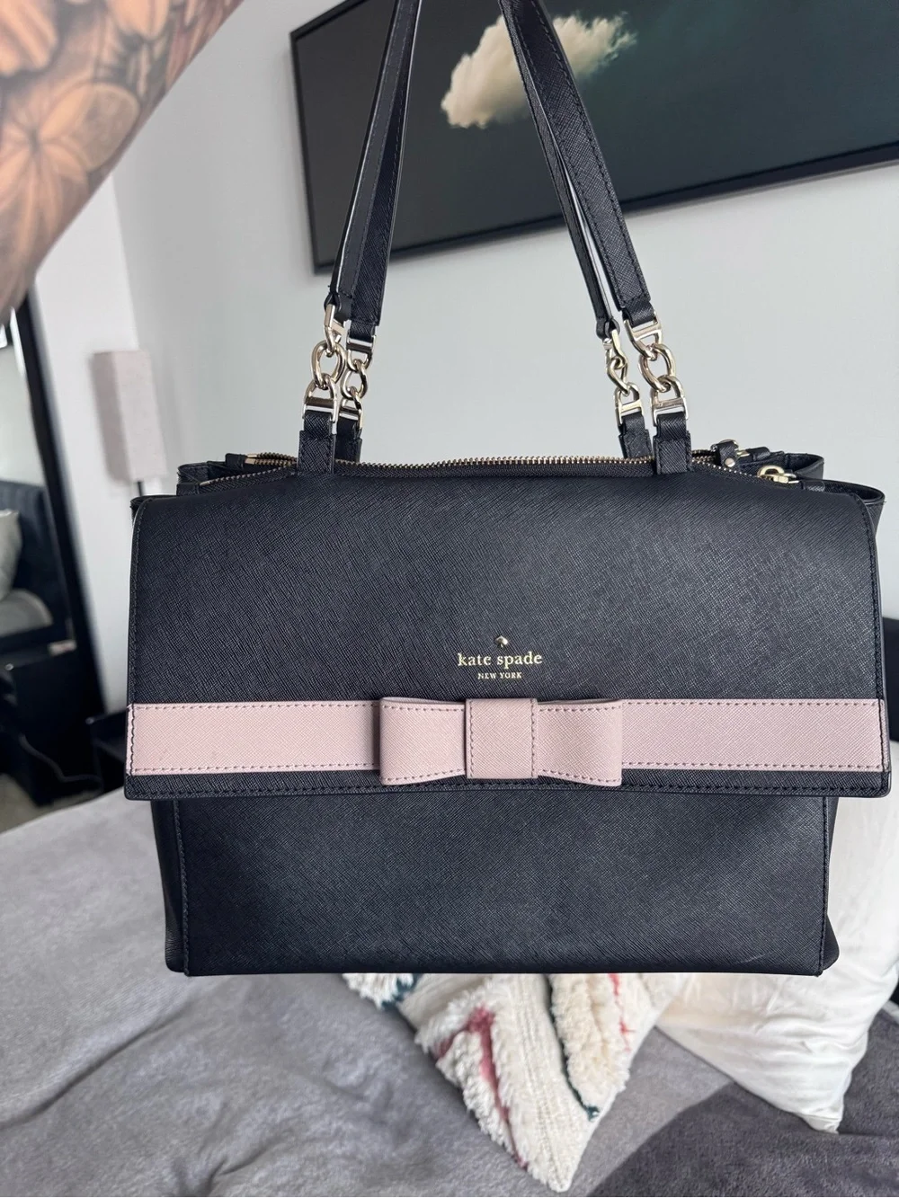Kate Spade Black with Blush Bow-Trim Satchel